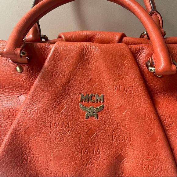 MCM Orange Monogram Embossed Leather Medium Two Way Handbag Tote Crossbody Zip - Picture 2 of 10